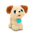 Dog plushie doll isolated on white background with shadow reflection. Playful bright brown puppy toy. Plush stuffed puppet. Royalty Free Stock Photo