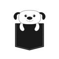 Dog in the pocket. Cute cartoon contour character. Dash line. Pet animal collection. White and black color. T-shirt design. Baby