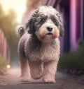 Dog poodle walk activity. Dog breed poodle animal in walking activity outdoor lifestyle in street background.