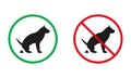 Dog Pooping Warning Sign. Pet Shitting Silhouette Icons Set. Animal Poop Allowed, Pet Defecate Prohibited Place Symbol