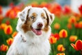 Dog portrait on the background of blooming tulips Royalty Free Stock Photo