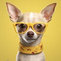 dog animal yellow fun background pet portrait puppy cute glasses chihuahua. Generative AI. Royalty Free Stock Photo