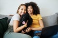 Dog, portrait or happy gay couple in home to relax together in healthy relationship or love connection. Lgbtq, pet care Royalty Free Stock Photo