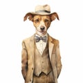 Vintage Watercolor Dog Portrait In Stylish Tan Suit Royalty Free Stock Photo