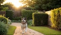 a dog, portrait, running in the garden