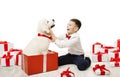 Dog Present and Child, Happy Kid Boy with White Animal Pet Gift Royalty Free Stock Photo