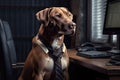 Dog Programmer In A Business Suit Sits At His Computer And Programs. Generative AI Royalty Free Stock Photo
