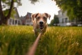 dog pulling leash on grass, focused expression Royalty Free Stock Photo