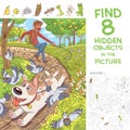 Dog pulls leash with its owner. Walk in the park. Find hidden objects