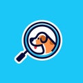 Dog puppy head logo sticker for search pet company with minimal magnifying glass icon vector illustration in trendy cartoon line s