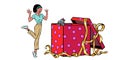 Dog puppy holiday gift box. African woman funny reaction isolate on white background