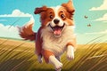 Dog puppy laughing and smiling as it runs and jumps around on the grass. Online ad Royalty Free Stock Photo