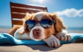 Dog Puppy lying on a sunbed to sunbath at the beach sea on summer vacation, holidays. Funny concept. Generative AI. Royalty Free Stock Photo