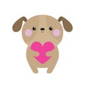 Dog Puppy Pooch Holding Pink Heart. Cute Cartoon Kawaii Funny Baby Character. Funny Face. Happy Valentines Day. Adopt Me. Pet
