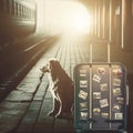 The dog on the railway platform sits by the suitcase
