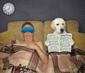 Dog reads newspaper at night 2 Royalty Free Stock Photo