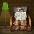 Dog reads a newspaper at a torchere Royalty Free Stock Photo