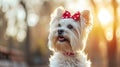 dog with red bow on head, clean pastel background