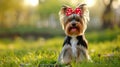 dog with red bow on head, clean pastel background