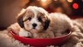 dog in red bowl A charming Havanese puppy dog cozily nestled in a red bowl