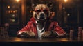 Dog with a red jacket in casino makes bets illustration. Dog casino. Horizontal format for banners, posters, games, advertising. Royalty Free Stock Photo