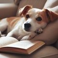 dog is relaxed and laying on sofa reading a book