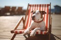 Dog with relaxing in deck chair at beach. Generative AI Royalty Free Stock Photo