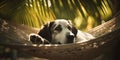 Dog relaxing in hammock under tropical palm trea leaves. Generative AI Royalty Free Stock Photo