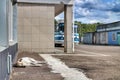 A dog rests in front of the canteen for workers of the Chernobyl power plant in 2019.