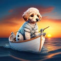 Dog in a river boat at sunset