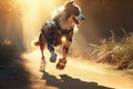 a dog with a robotic leg running on park trail, with the wind in its fur and the sun shining