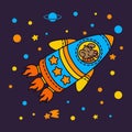 Dog in a rocket spaceship. Star galaxy. Cute cosmonaut dog in outer space. Vector illustration on the space theme in childish