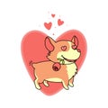 Dog with a rose in his mouth in love on a background of big red heart.