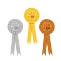 Dog rosettes for 1st, 2nd, 3rd places. Gold, silver, bronze awards of ribbon. Vector