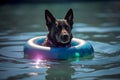 Dog in rubber ring swimming in ocean. Generative AI
