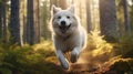 The dog is running in the forest There is beautiful light coming between several large pine trees