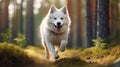 The dog is running in the forest There is beautiful light coming between several large pine trees