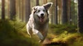 The dog is running in the forest There is beautiful light coming between several large pine trees