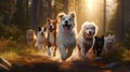 The dog is running in the forest There is beautiful light coming between several large pine trees