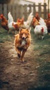 A dog running in front of a flock of chickens. Generative AI image. Royalty Free Stock Photo