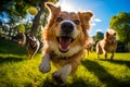 Dog is running through the grass with ball in its mouth. Generative AI Royalty Free Stock Photo