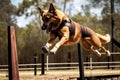 dog running on a park trail, with a prosthetic leg propelling it forward