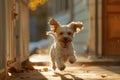 Dog running on a sunny front porch. Generative AI Royalty Free Stock Photo