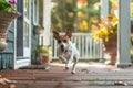 Dog running on a sunny front porch. Generative AI Royalty Free Stock Photo