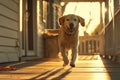 Dog running on a sunny front porch. Generative AI Royalty Free Stock Photo