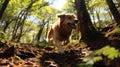 A dog running through the woods in a forest, AI Royalty Free Stock Photo