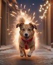 A dog runs away from exploding Christmas firecrackers with fear in his eyes