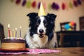 A dog\'s birthday celebration: collie in a party hat with cake and candles Royalty Free Stock Photo