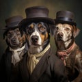 Dog(s) dressed in vintage proper clothing on master background setting.