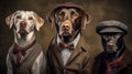 Dog(s) dressed in vintage proper clothing on master background setting.